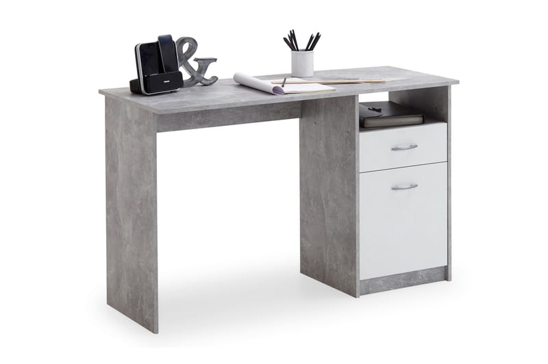 Skrivbord Melodi 123 cm med Förvaring Låda + Skåp + Hylla - Betonggrå/Vit - Möbler - Bord & matgrupp - Kontorsbord - Skrivbord