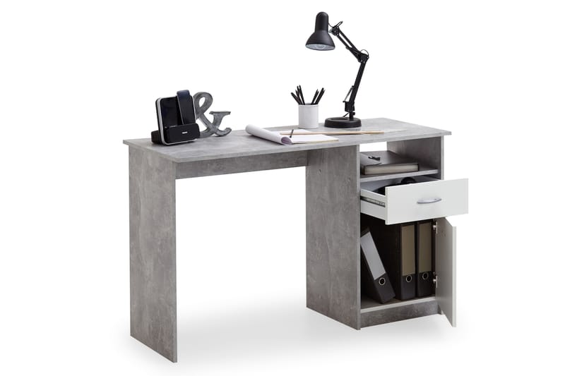 Skrivbord Melodi 123 cm med Förvaring Låda + Skåp + Hylla - Betonggrå/Vit - Möbler - Bord & matgrupp - Kontorsbord - Skrivbord