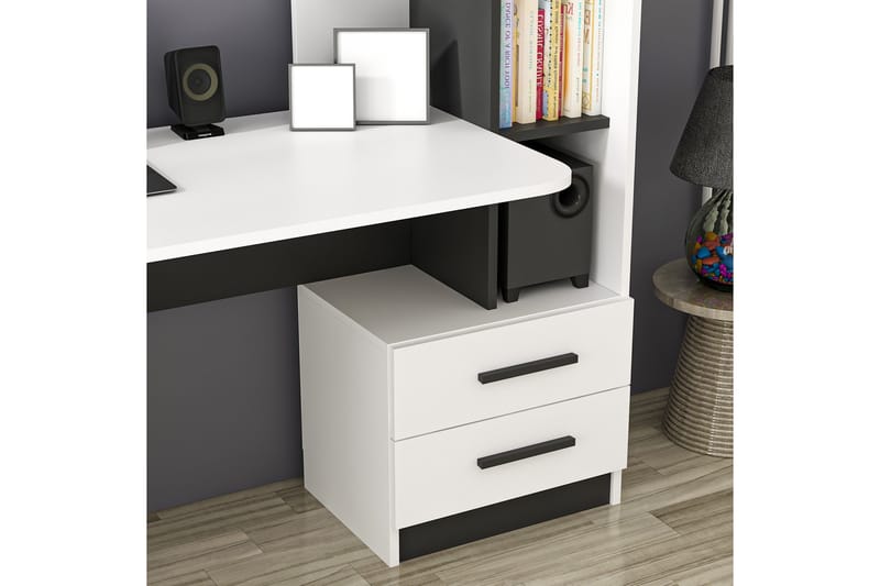 Skrivbord Razotaji 120 cm med Förvaring Låda + Hyllor + Vägg - Vit/Svart - Skrivbord - Datorbord