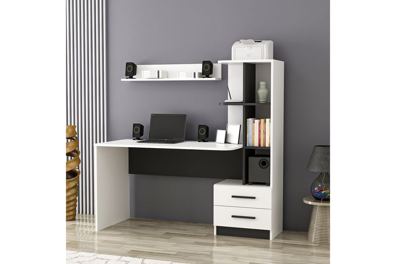 Skrivbord Razotaji 120 cm med Förvaring Låda + Hyllor + Vägg - Vit/Svart - Skrivbord - Datorbord
