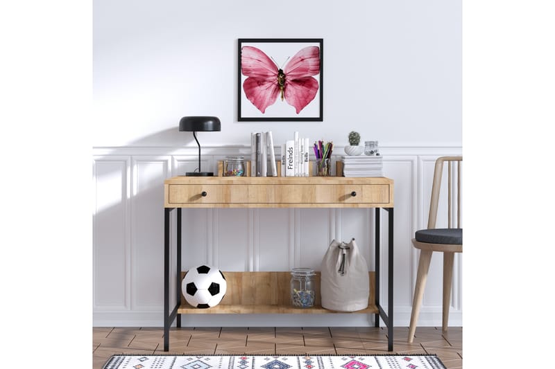 Skrivbord Rexina 100 cm med Förvaring Hyllor + Låda - Natur/Svart - Skrivbord - Datorbord