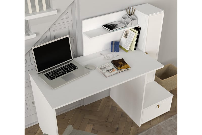 Skrivbord Shellon 143 cm med Förvaring Hyllor + Skåp - Vit - Skrivbord - Datorbord
