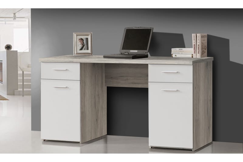 Skrivbord Skirbeck 145 cm med Förvaring 2 Skåp+2 Lådor+2 Hyl - Brun/Vit - Skrivbord - Datorbord