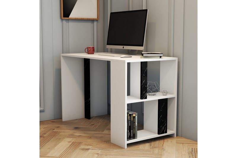Skrivbord Tibani 120 cm m Förvaring Hylla+Bokhylla Marmormön - Vit/Svart - Skrivbord - Datorbord