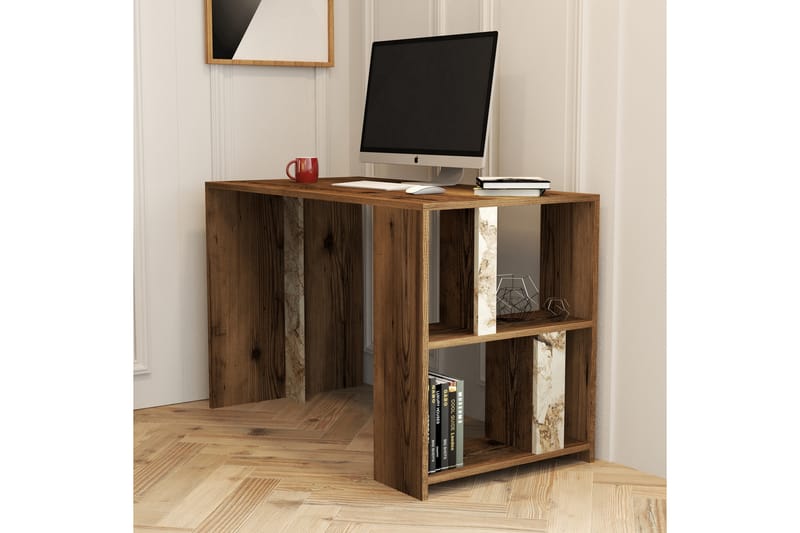 Skrivbord Tibani 120 cm med Förvaring Hylla Marmormönster - Brun/Vit/Grå - Skrivbord - Datorbord