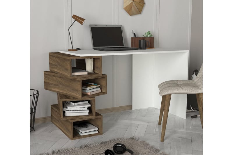 Skrivbord Verano 130 cm med Förvaring Hyllor - Vit/Valnötsbrun - Skrivbord - Datorbord