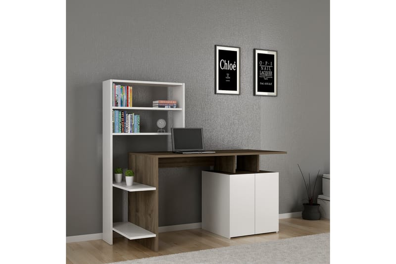Skrivbord Waligora 146 cm med Förvaring Hyllor + Skåp - Valnötsbrun/Vit - Skrivbord - Datorbord