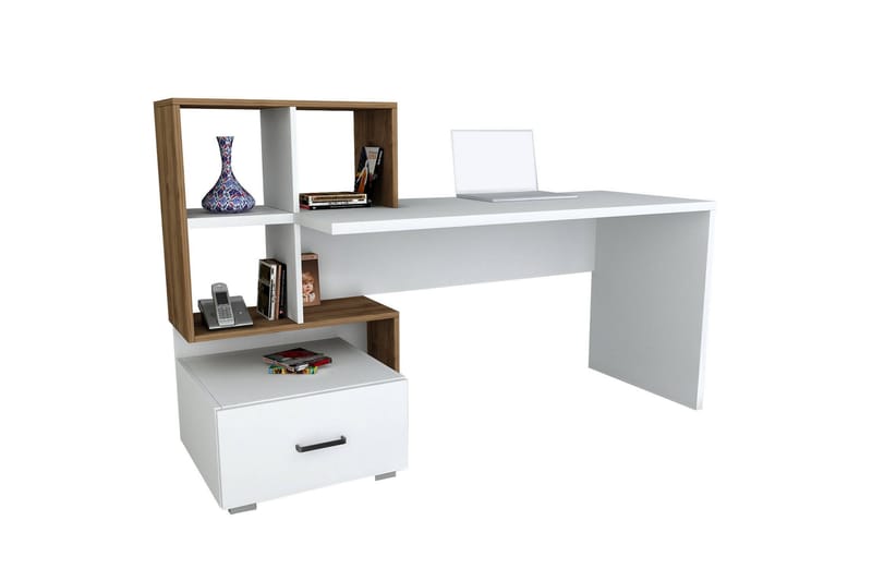 Skrivbord Wemus 152 cm med Förvaring Låda+Hyllor - Vit/Valnötsbrun - Skrivbord - Datorbord