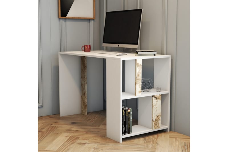 Skrivbord Tibani 120 cm med Förvaring Hylla Marmormönster - Vit - Skrivbord - Datorbord