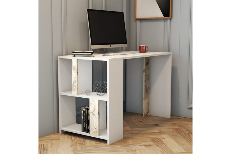 Skrivbord Tibani 120 cm med Förvaring Hylla Marmormönster - Vit - Skrivbord - Datorbord
