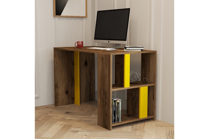 Skrivbord Tibani 120 cm med Förvaring Hylla - Valnötsbrun/Gul - Skrivbord - Datorbord