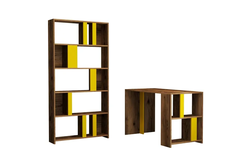 Timiza Skrivbord 120 cm med Förvaring Hylla + Bokhylla - Valnötsbrun/Gul - Möbler - Bord & matgrupp - Kontorsbord - Skrivbord