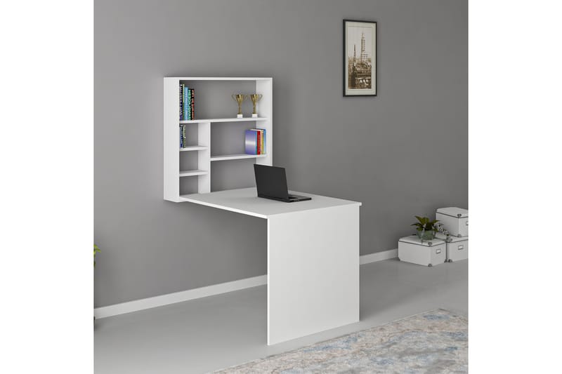 Väggskrivbord Ridlington 90 cm med Förvaring Hyllor - Vit - Skrivbord - Datorbord