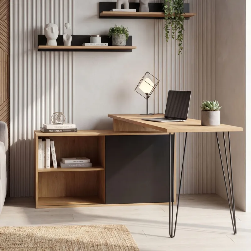 Vorlen Hörnskrivbord 130 cm i MDF med hylla - ekdekor svart - Möbler - Bord & matgrupp - Kontorsbord - Skrivbord - Hörnskrivbord