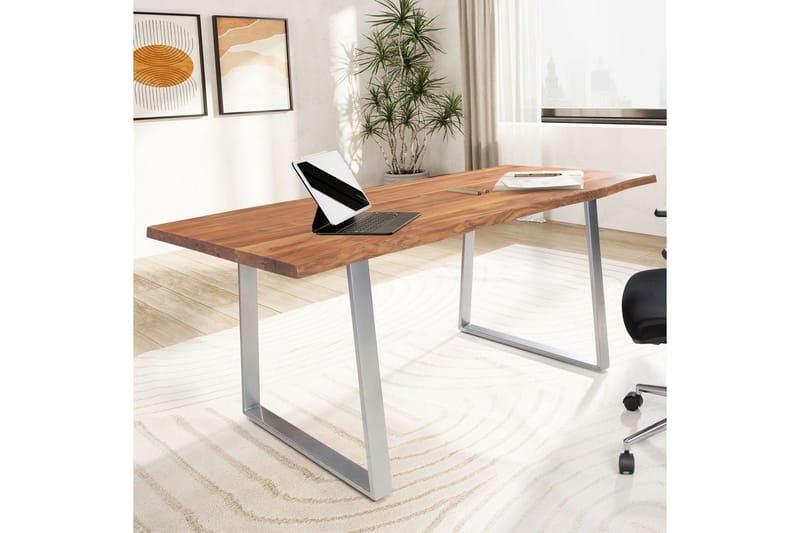 Skrivbord Wohnling Massiv trä träd kant metallben lantlig stil Silver, Rak, 200x100 cm - Silver, Rak, 200x100 cm - Möbler - Bord & matgrupp - Kontorsbord - Skrivbord