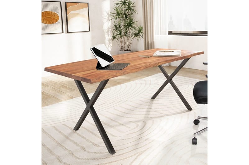 Skrivbord Wohnling Massiv trä träd kant metallben lantlig stil Svart, korsad, 180x90 cm - Svart, korsad, 180x90 cm - Möbler - Bord & matgrupp - Kontorsbord - Skrivbord