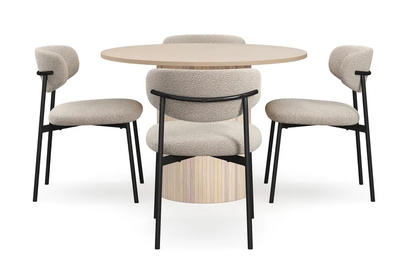 Kopparbo Matbord 106 cm med 4 Lucy Matstolar - White / Greige Bouclé / Metallben Svart - Möbler - Bord & matgrupp - Matgrupp