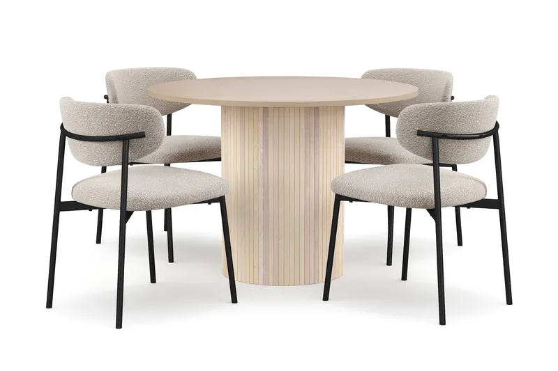 Kopparbo Matbord 106 cm med 4 Lucy Matstolar, White / Greige Bouclé / Metallben Svart