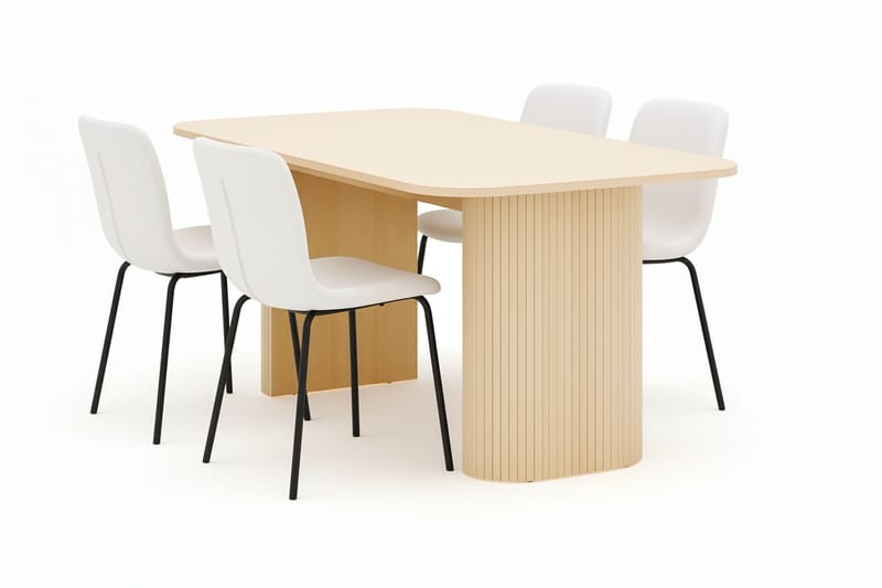 Kopparbo Matbord 160 cm med 4 Katy Matstolar, White / Vit Bouclé / Metallben Svart