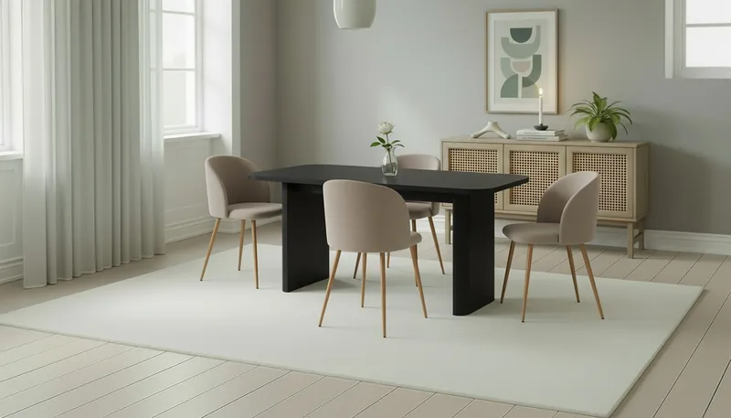Kopparbo Matbord 180-240 cm Förlängningsbart med 4 Greya Matstolar med armstöd - Svart / Greige Bouclé / Metallben Ek - Möbler - Bord & matgrupp - Matgrupp