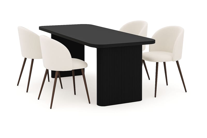 Kopparbo Matbord 180-240 cm Förlängningsbart med 4 Greya Matstolar med armstöd, Svart / Vit Bouclé / Metallben Valnöt