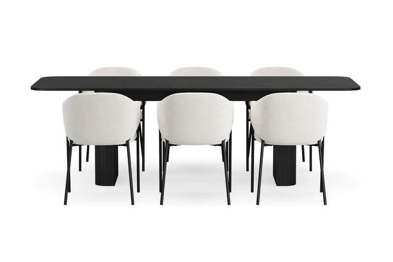 Kopparbo Matbord 180-240 cm Förlängningsbart med 6 Filip Matstolar - Svart / Vit Bouclé - Möbler - Bord & matgrupp - Matgrupp
