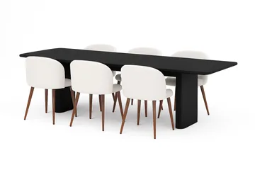 Kopparbo Matbord 180-240 cm Förlängningsbart med 6 Greya Matstolar med armstöd - Svart / Vit Bouclé / Metallben Valnöt - Möbler - Bord & matgrupp - Matgrupp