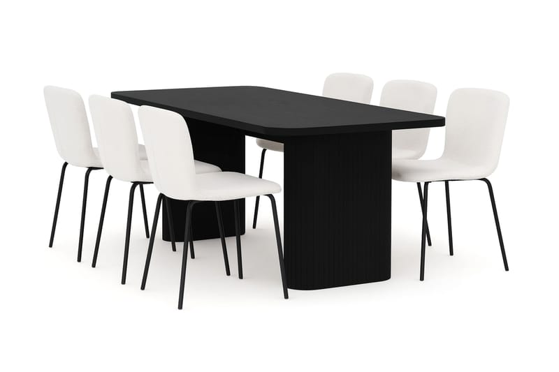 Kopparbo Matbord 180-240 cm Förlängningsbart med 6 Katy Matstolar, Svart / Vit Bouclé / Metallben Svart