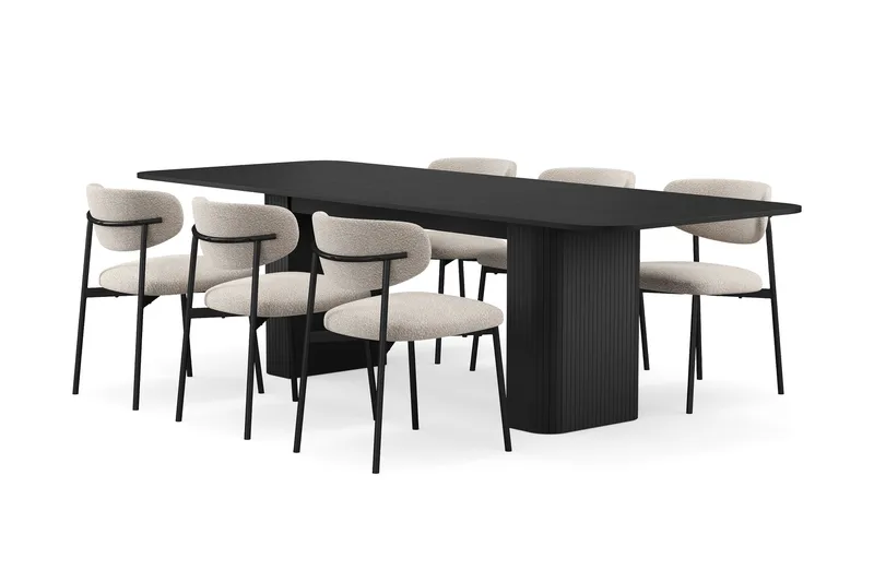 Kopparbo Matbord 180-240 cm Förlängningsbart med 6 Lucy Matstolar, Svart / Greige Bouclé / Metallben Svart