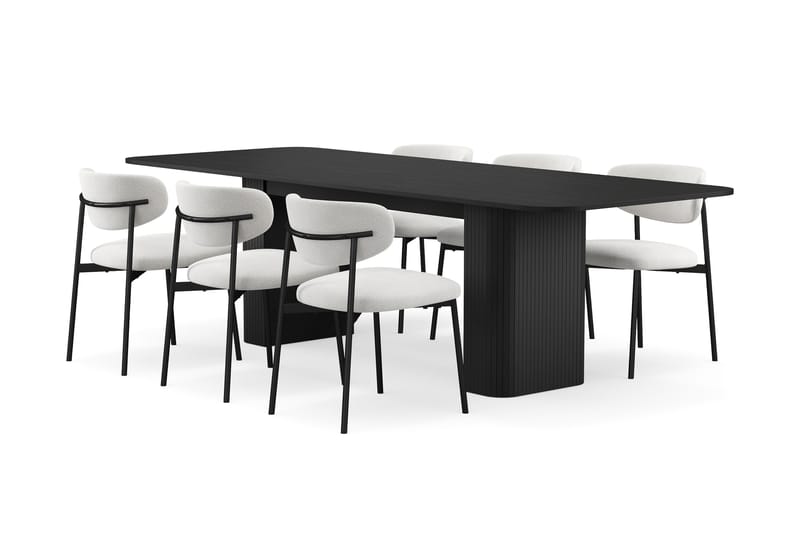 Kopparbo Matbord 180-240 cm Förlängningsbart med 6 Lucy Matstolar, Svart / Vit Bouclé / Metallben Svart