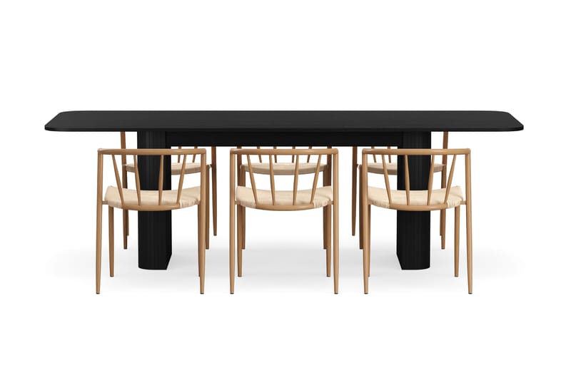 Kopparbo Matbord 180-240 cm Förlängningsbart med 6 Winston Matstolar - Svart / Beige / Metallben Ek - Möbler - Bord & matgrupp - Matgrupp
