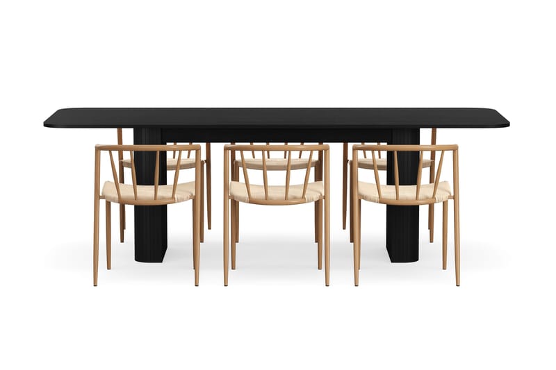 Kopparbo Matbord 180-240 cm Förlängningsbart med 6 Winston Matstolar - Svart / Beige / Metallben Ek - Möbler - Bord & matgrupp - Matgrupp