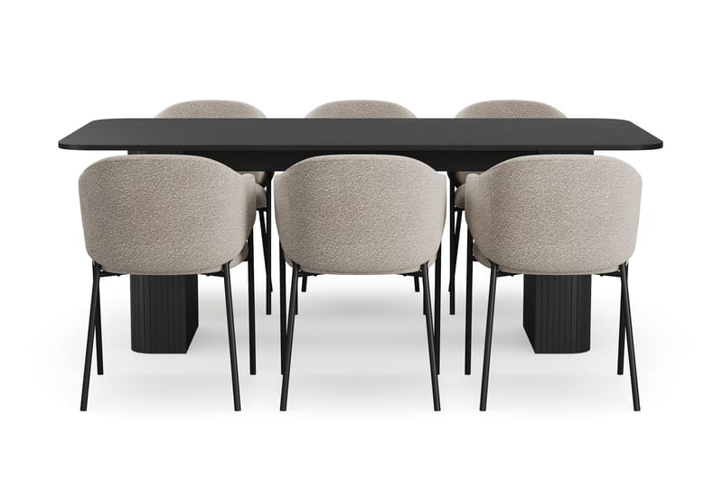 Kopparbo Matbord 200-260 cm Förlängningsbart med 6 Filip Matstolar - Svart / Taupe Bouclé - Möbler - Bord & matgrupp - Matgrupp