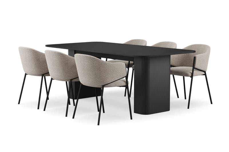 Kopparbo Matbord 200-260 cm Förlängningsbart med 6 Filip Matstolar, Svart / Taupe Bouclé
