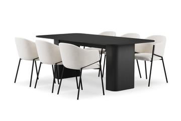 Kopparbo Matbord 200-260 cm Förlängningsbart med 6 Filip Matstolar - Svart / Vit Bouclé - Möbler - Bord & matgrupp - Matgrupp