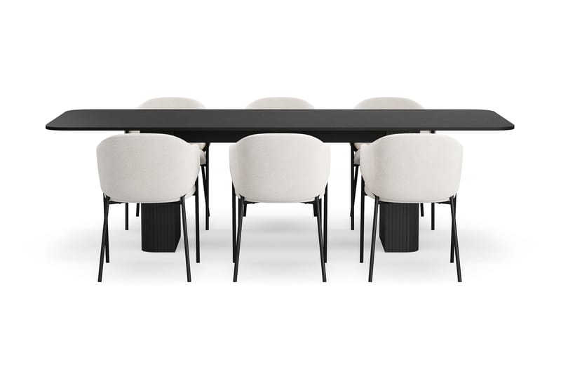 Kopparbo Matbord 200-260 cm Förlängningsbart med 6 Filip Matstolar - Svart / Vit Bouclé - Möbler - Bord & matgrupp - Matgrupp