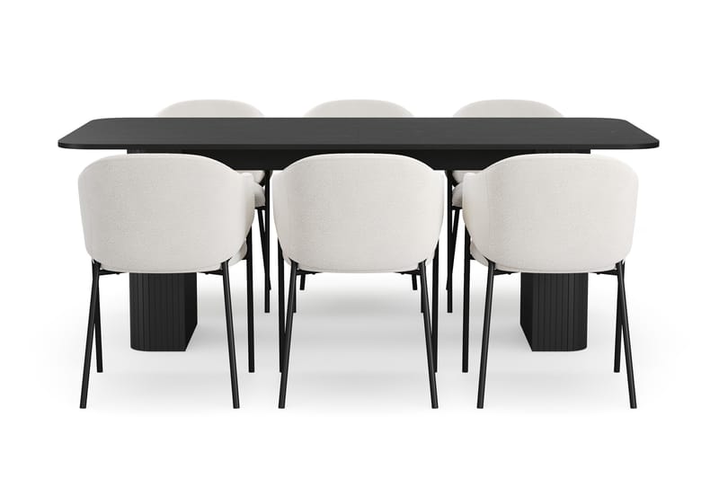 Kopparbo Matbord 200-260 cm Förlängningsbart med 6 Filip Matstolar - Svart / Vit Bouclé - Möbler - Bord & matgrupp - Matgrupp