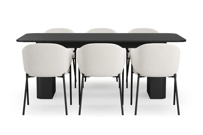 Kopparbo Matbord 200-260 cm Förlängningsbart med 6 Filip Matstolar - Svart / Vit Bouclé - Möbler - Bord & matgrupp - Matgrupp