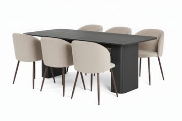 Kopparbo Matbord 200-260 cm Förlängningsbart med 6 Greya Matstolar med armstöd - Svart / Greige Bouclé / Metallben Ek - Möbler - Bord & matgrupp - Matgrupp