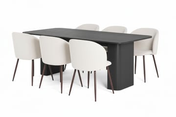 Kopparbo Matbord 200-260 cm Förlängningsbart med 6 Greya Matstolar med armstöd - Svart / Vit Bouclé / Metallben Valnöt - Möbler - Bord & matgrupp - Matgrupp