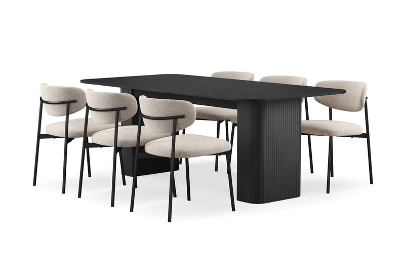 Kopparbo Matbord 200-260 cm Förlängningsbart med 6 Lucy Matstolar, Svart / Greige Bouclé / Metallben Svart