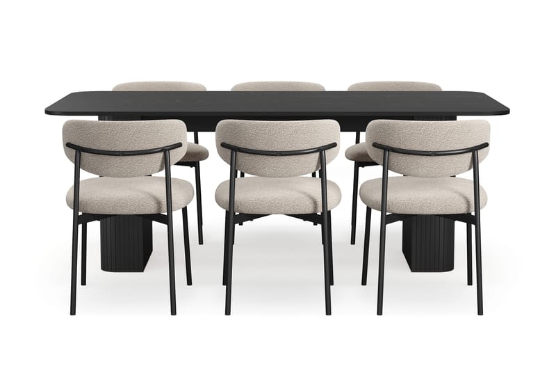 Kopparbo Matbord 200-260 cm Förlängningsbart med 6 Lucy Matstolar - Svart / Greige Bouclé / Metallben Svart - Möbler - Bord & matgrupp - Matgrupp