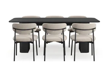 Kopparbo Matbord 200-260 cm Förlängningsbart med 6 Lucy Matstolar - Svart / Greige Bouclé / Metallben Svart - Möbler - Bord & matgrupp - Matgrupp