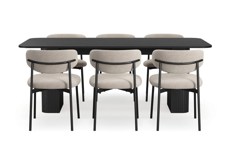 Kopparbo Matbord 200-260 cm Förlängningsbart med 6 Lucy Matstolar - Svart / Greige Bouclé / Metallben Svart - Möbler - Bord & matgrupp - Matgrupp