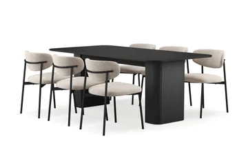 Kopparbo Matbord 200-260 cm Förlängningsbart med 6 Lucy Matstolar - Svart / Greige Bouclé / Metallben Svart - Möbler - Bord & matgrupp - Matgrupp