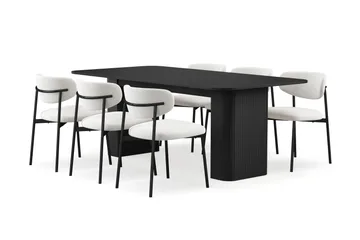 Kopparbo Matbord 200-260 cm Förlängningsbart med 6 Lucy Matstolar - Svart / Vit Bouclé / Metallben Svart - Möbler - Bord & matgrupp - Matgrupp