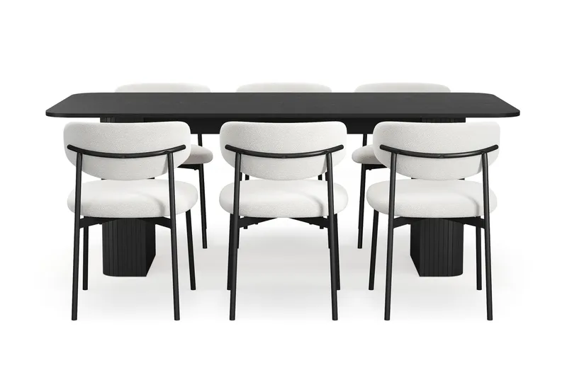 Kopparbo Matbord 200-260 cm Förlängningsbart med 6 Lucy Matstolar - Svart / Vit Bouclé / Metallben Svart - Möbler - Bord & matgrupp - Matgrupp