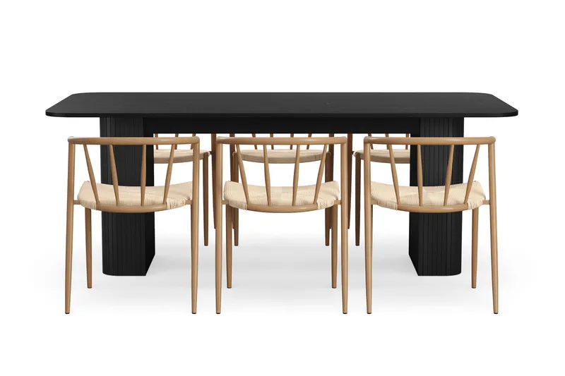 Kopparbo Matbord 200-260 cm Förlängningsbart med 6 Winston Matstolar - Svart / Beige / Metallben Ek - Möbler - Bord & matgrupp - Matgrupp
