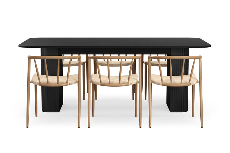 Kopparbo Matbord 200-260 cm Förlängningsbart med 6 Winston Matstolar - Svart / Beige / Metallben Ek - Möbler - Bord & matgrupp - Matgrupp