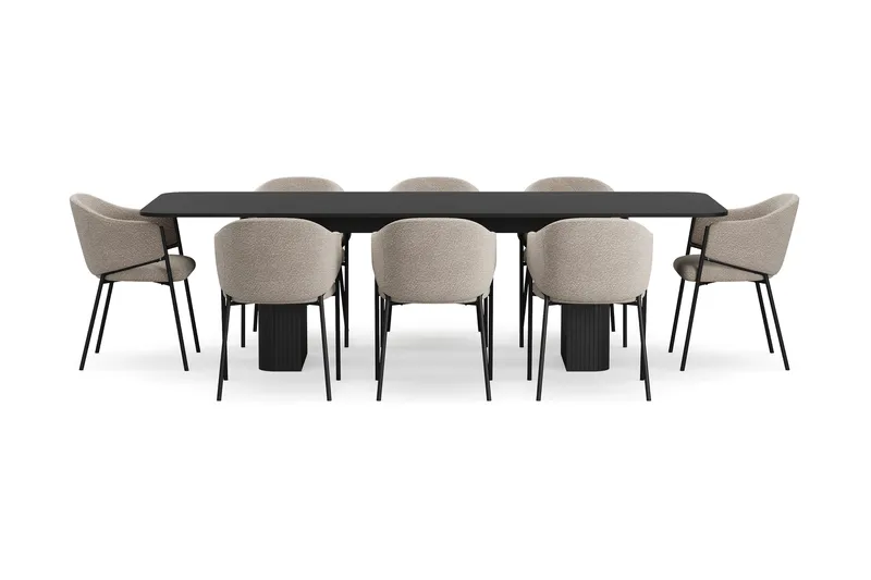 Kopparbo Matbord 200-260 cm Förlängningsbart med 8 Filip Matstolar - Svart / Taupe Bouclé - Möbler - Bord & matgrupp - Matgrupp